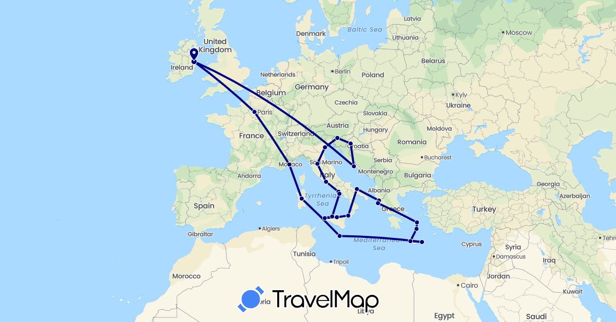 TravelMap itinerary: driving in Albania, France, Greece, Croatia, Ireland, Italy, Malta, Slovenia (Europe)