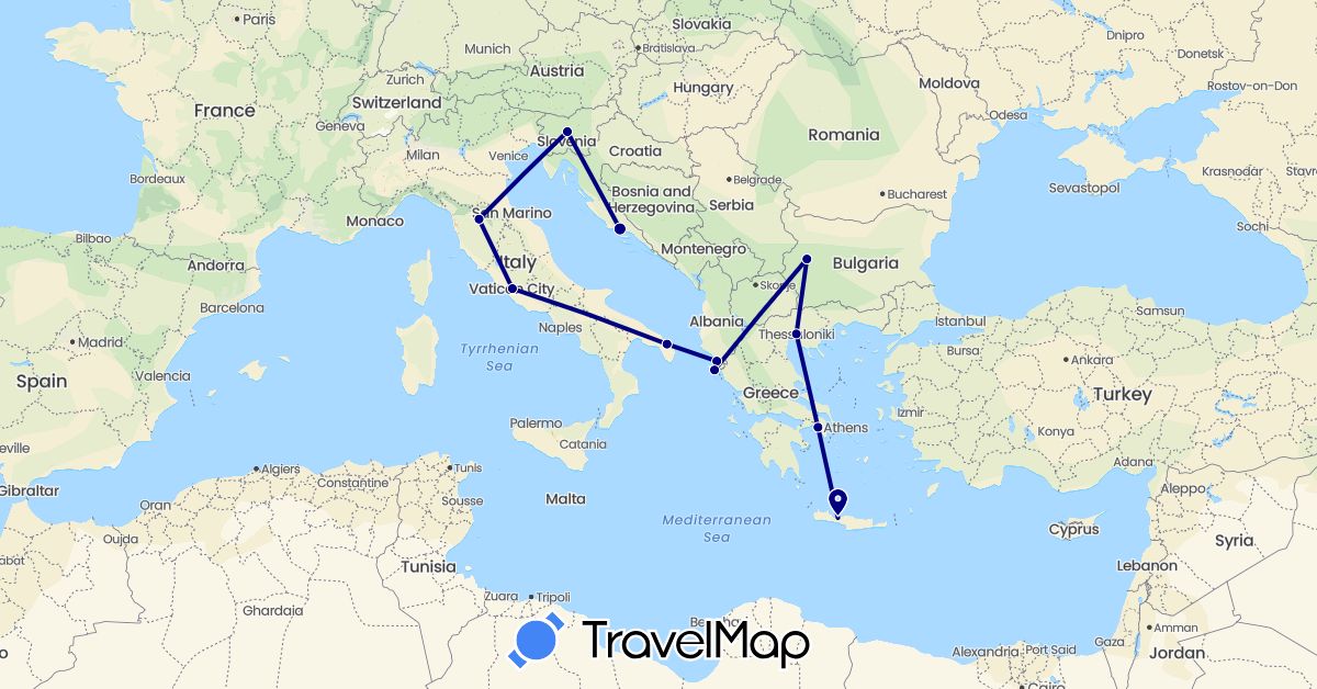 TravelMap itinerary: driving in Albania, Bulgaria, Greece, Croatia, Italy, Slovenia (Europe)