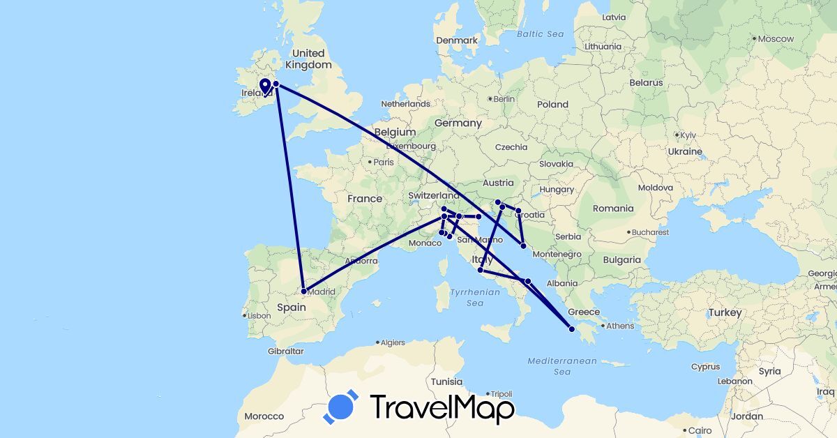 TravelMap itinerary: driving in Spain, Greece, Croatia, Ireland, Italy, Slovenia (Europe)